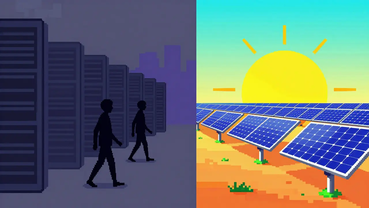 Pixel art contrasting banned crypto servers with solar panel potential