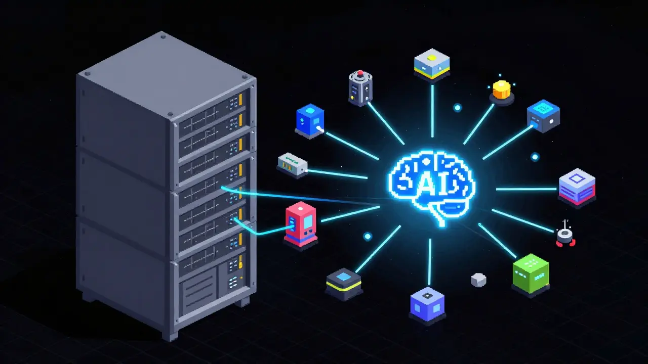 Pixel art contrasting large corporate servers with a dynamic, AI-optimized decentralized device network.