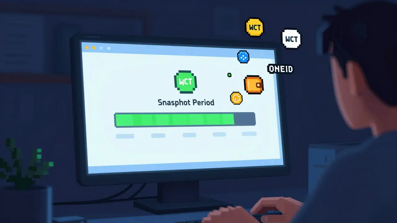 Pixel art dashboard showing snapshot progress and floating token rewards