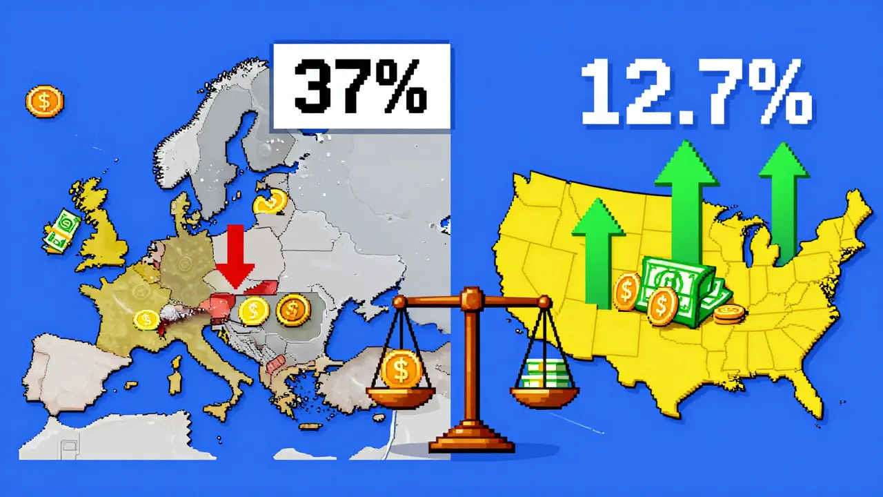Pixel art depicting shrinking EU market vs growing US market