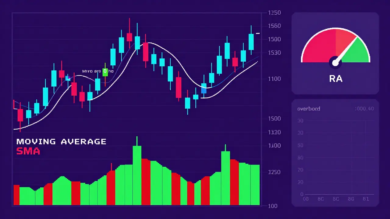 Pixel art display of moving averages, volume bars, and RSI indicators on a chart.