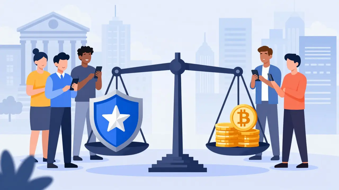 Pixel art illustrating balanced regulation and crypto adoption for financial inclusion