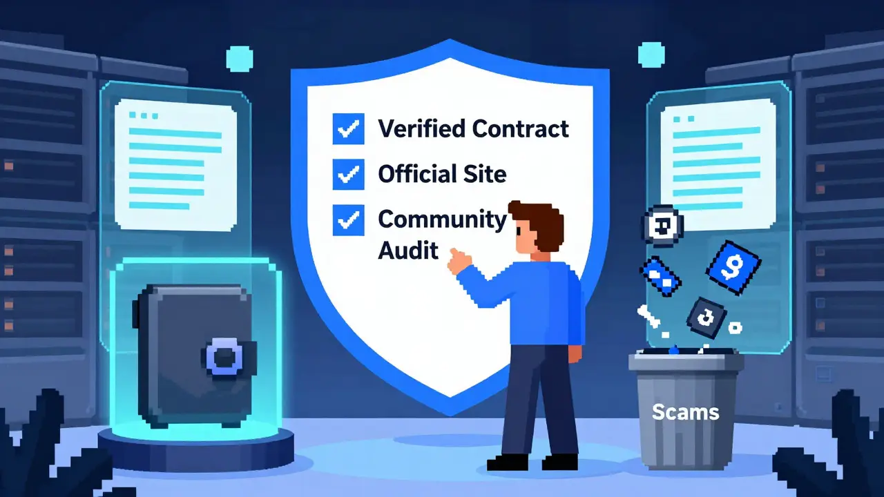 Pixel art illustrating secure crypto practices with verified checks and hardware wallets.