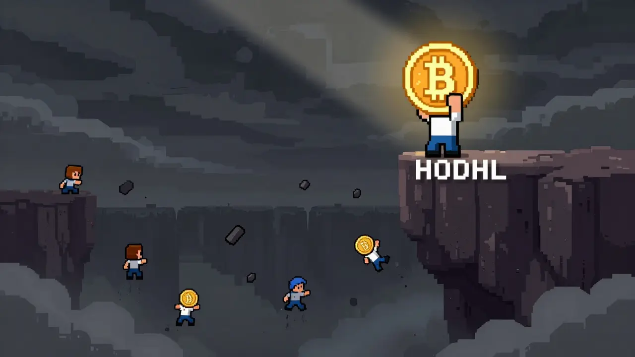 Pixel art of a figure holding a Bitcoin coin firmly against a stormy backdrop.