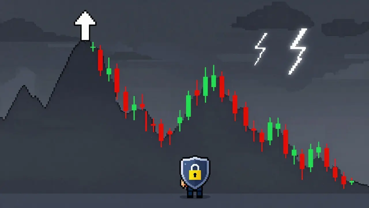 Pixel art of a gamer facing a volatile crypto market chart