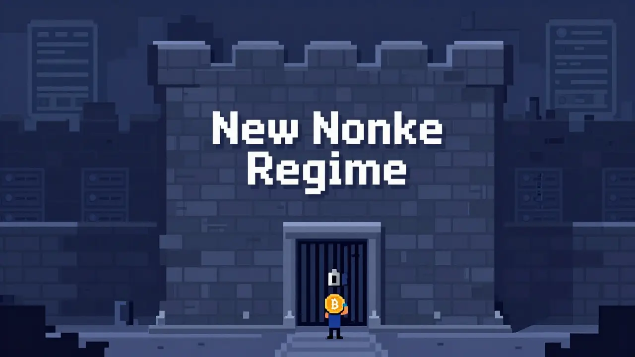Pixel art of a high wall blocking access to NY crypto licenses