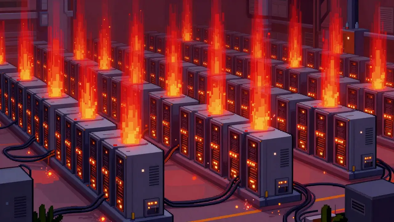 Pixel art of a large industrial mining farm with old rigs shutting down