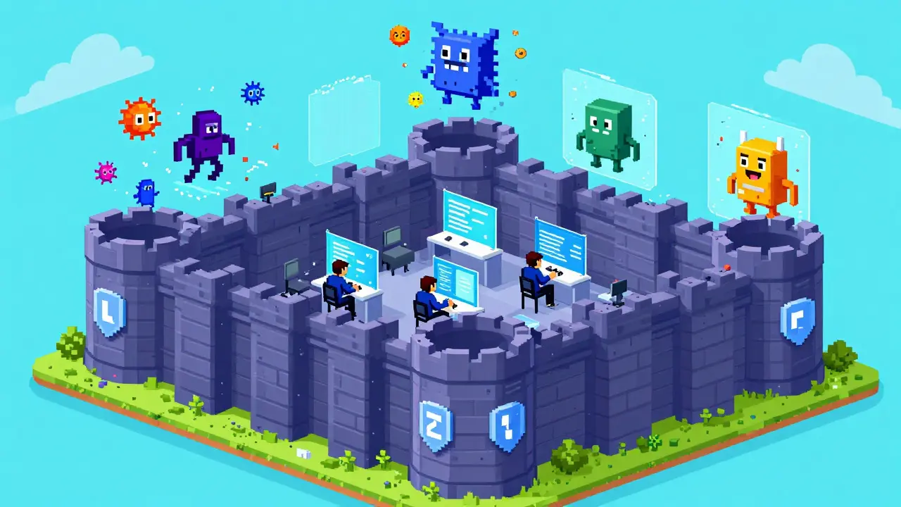 Pixel art of a secure digital fortress defending against cyber threats