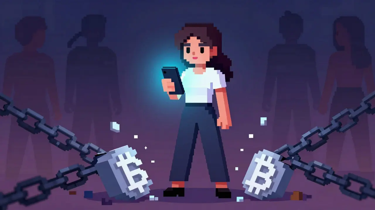 Pixel art of a woman holding a phone, breaking chains for financial independence.