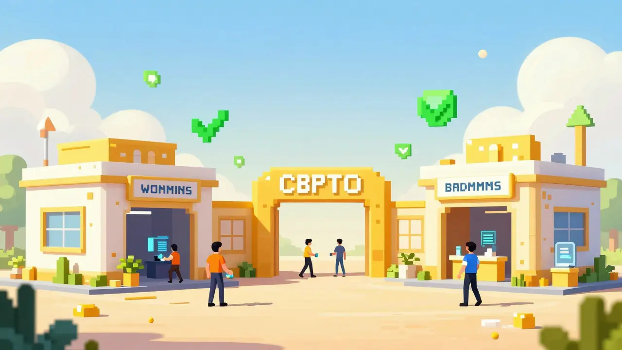 Pixel art of an open, friendly crypto banking hub in Wyoming
