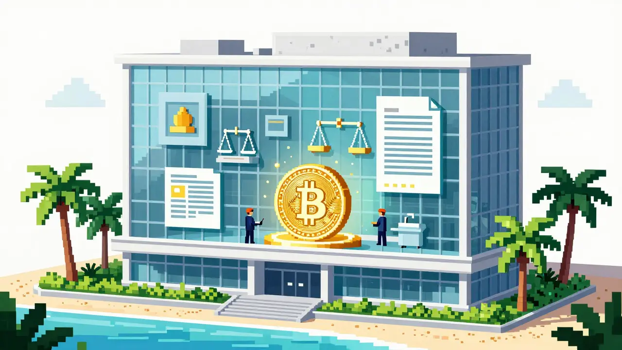 Pixel art of Cayman Islands corporate office shielding crypto assets
