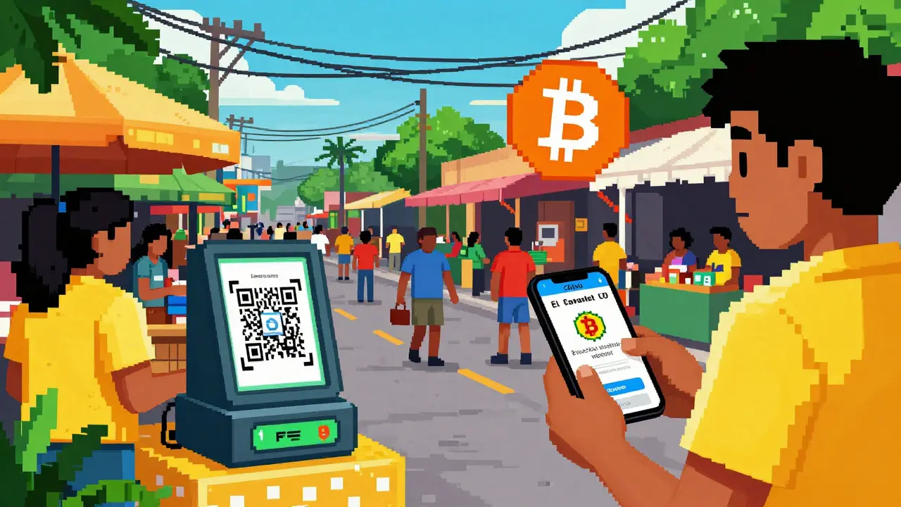 Pixel art of El Salvador street market accepting Bitcoin payments