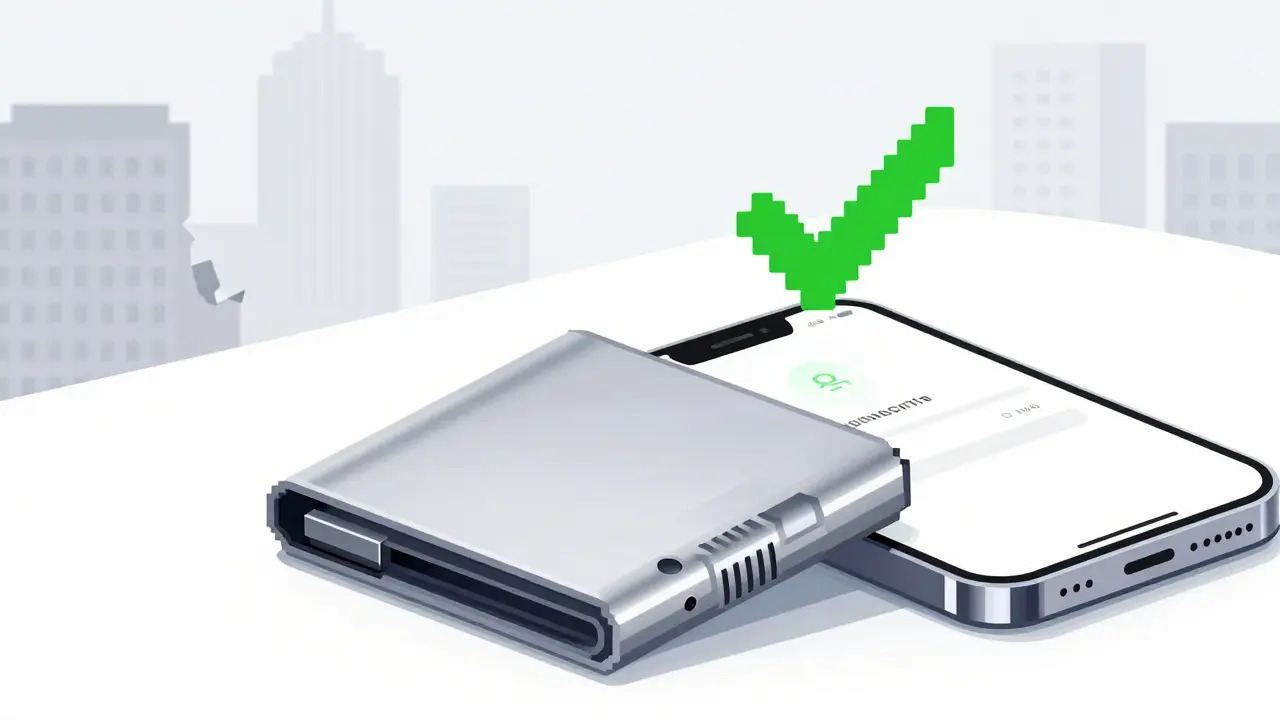 Pixel art of hardware wallet and phone showing secure crypto setup