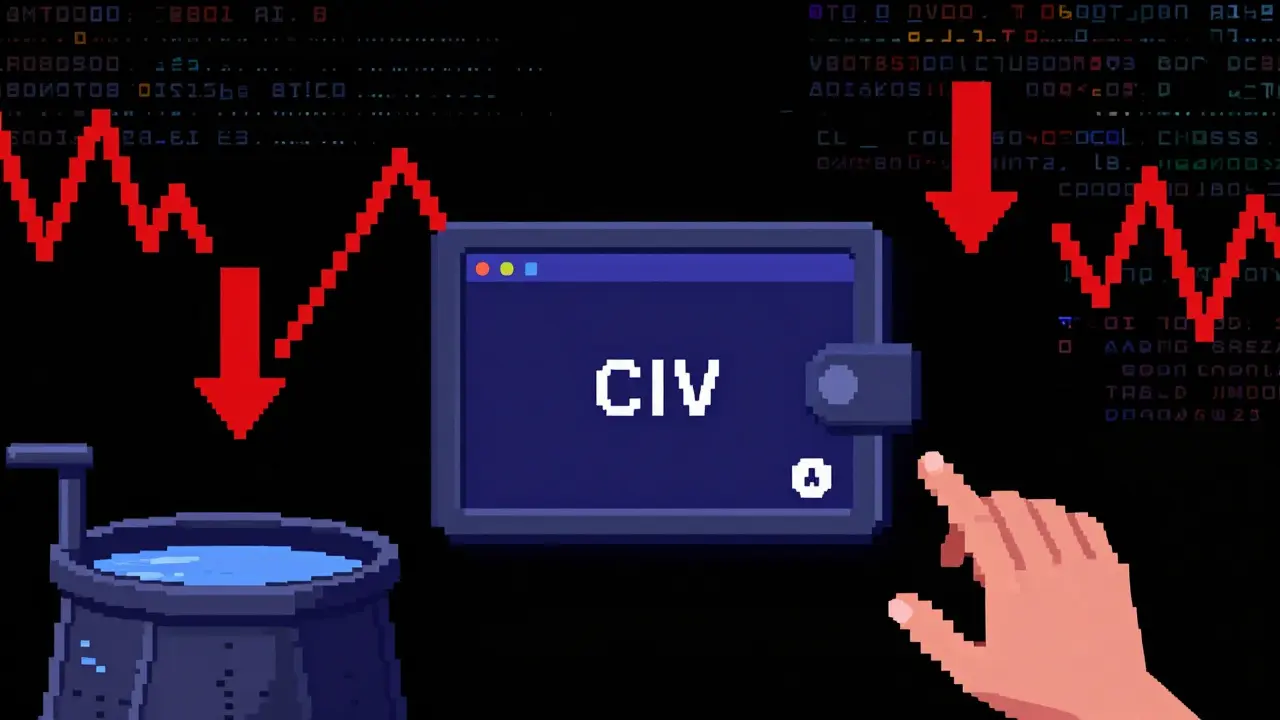Pixel art of risky low-liquidity token trade with warning signs