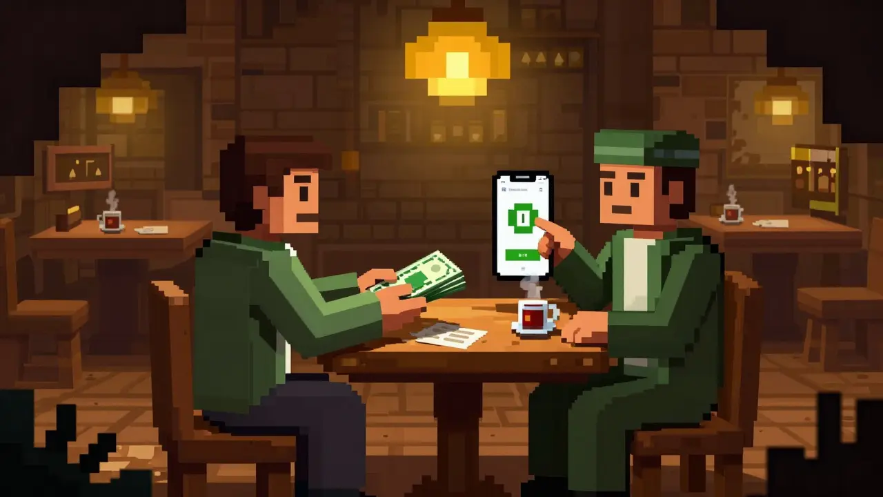 Pixel art of two people exchanging cash for USDT in a secret tea shop meeting.