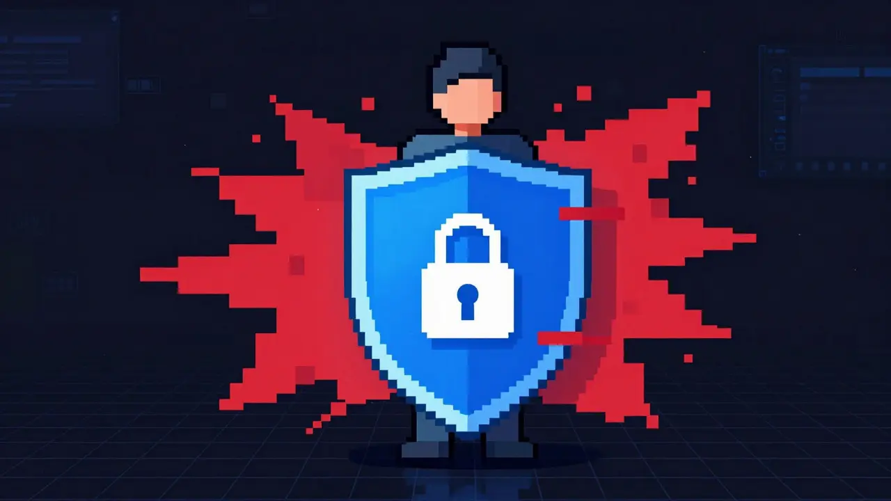 Pixel art shield protecting against cyber scams