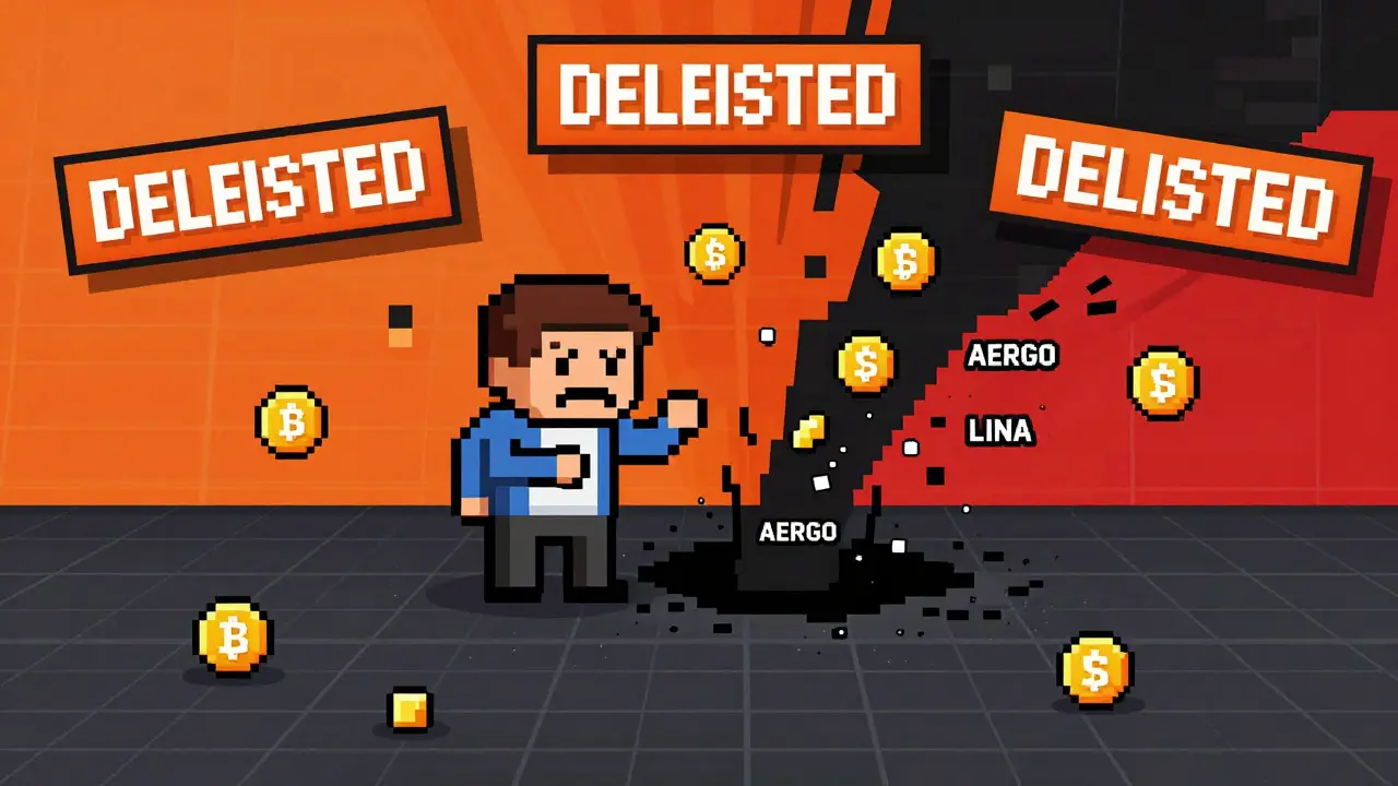 Pixel art showing a trader losing tokens as they are delisted from a volatile exchange.