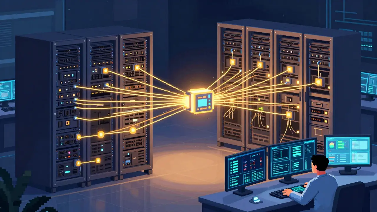 Pixel art showing APIs bridging legacy hospital servers with modern dashboards.
