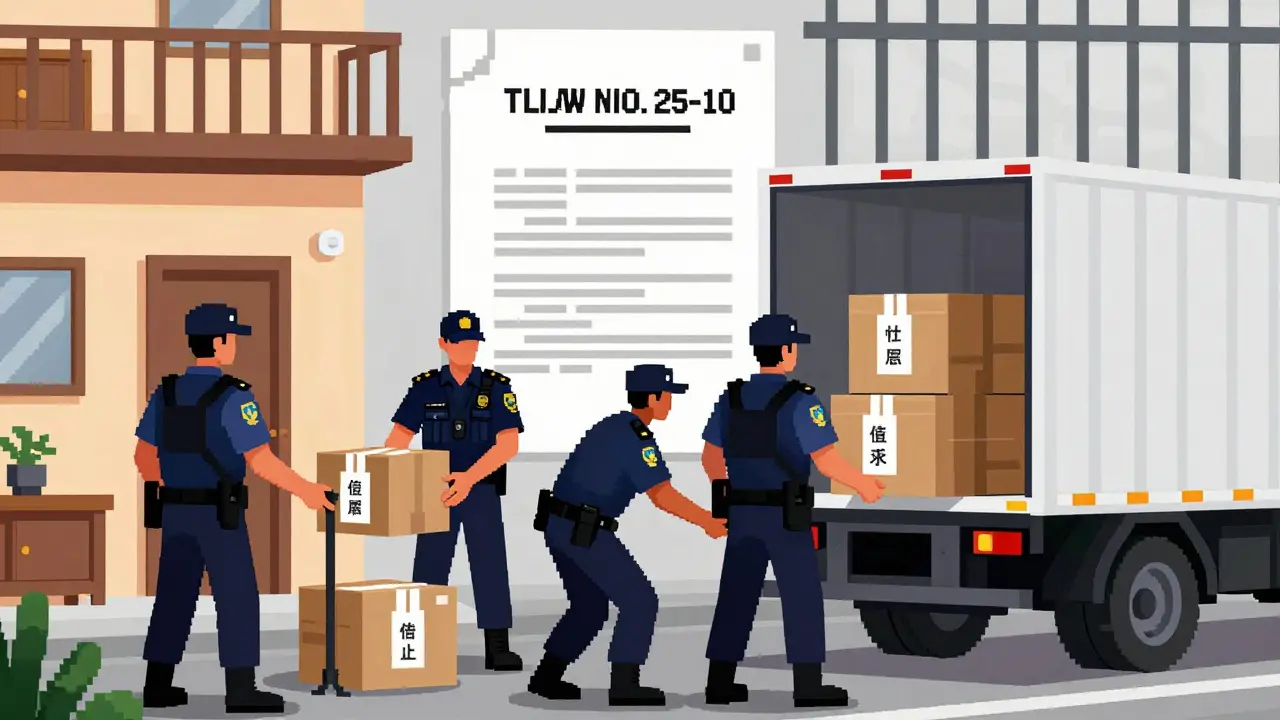 Pixel art showing authorities seizing mining equipment in an apartment