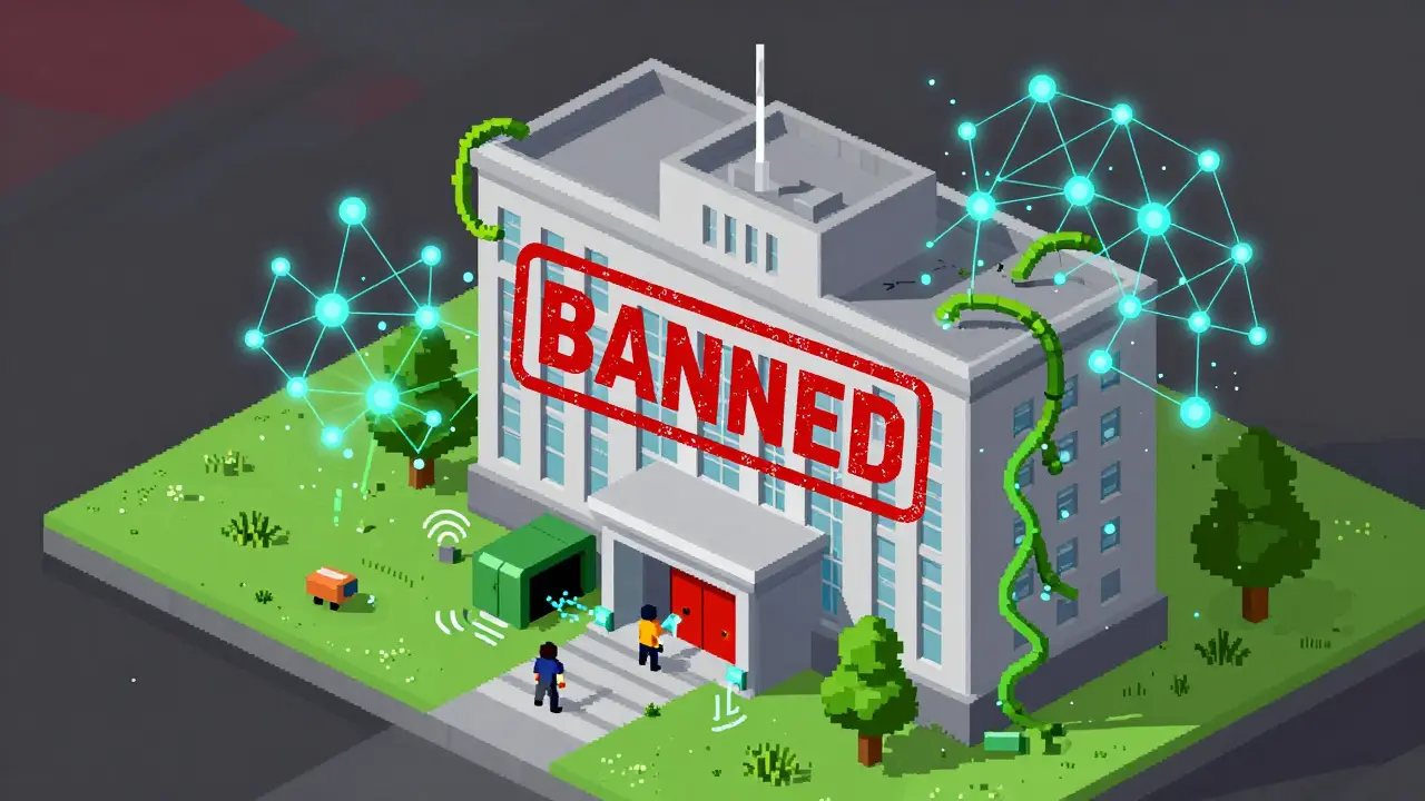 Pixel art showing citizens bypassing government ban via decentralized networks