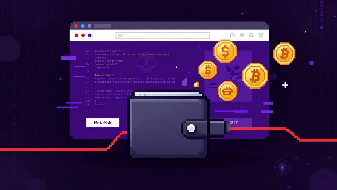 Pixel art showing crypto funds draining from a wallet to a malicious site.