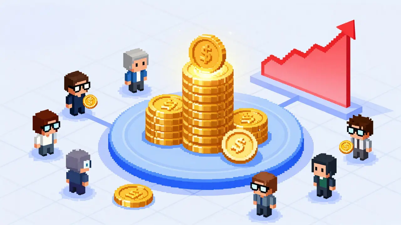 Pixel art showing LEE token supply cap and rising mining difficulty meter