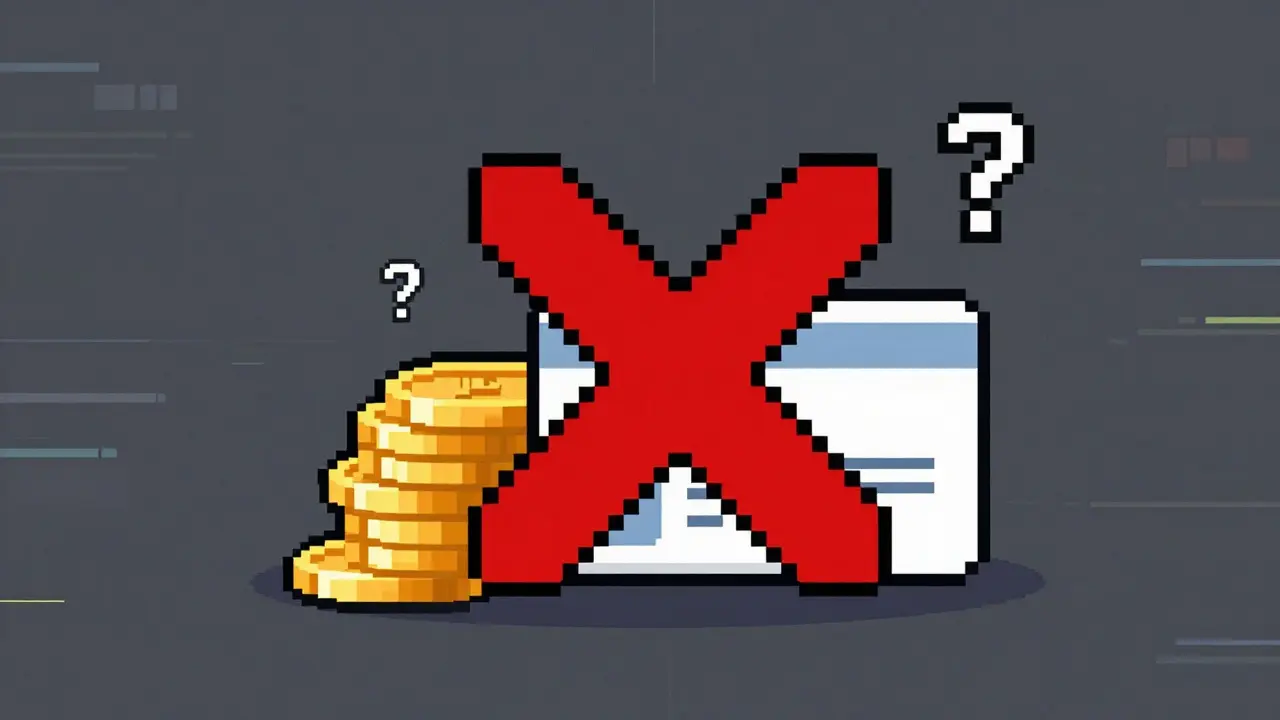 Pixel art showing red warning signs over coins and ID cards