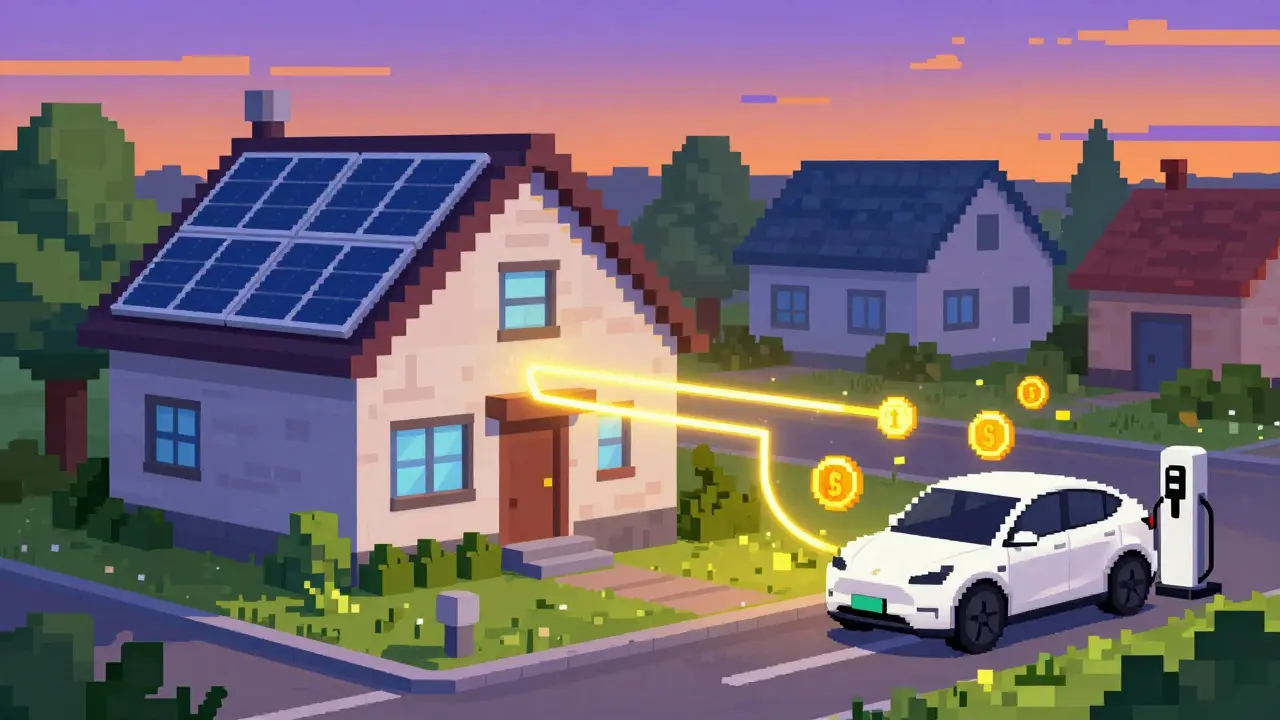 Pixel art showing solar-powered homes selling energy directly to EV chargers via token streams.