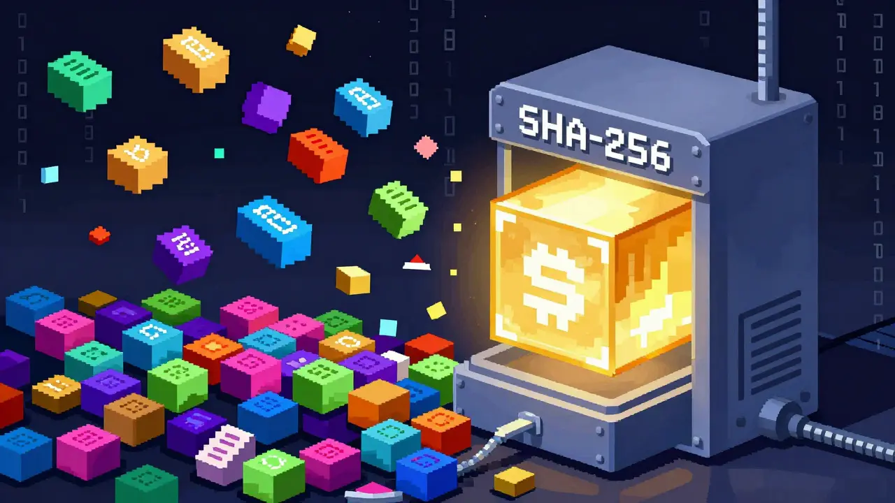 Pixel art showing transaction data being hashed into a cube