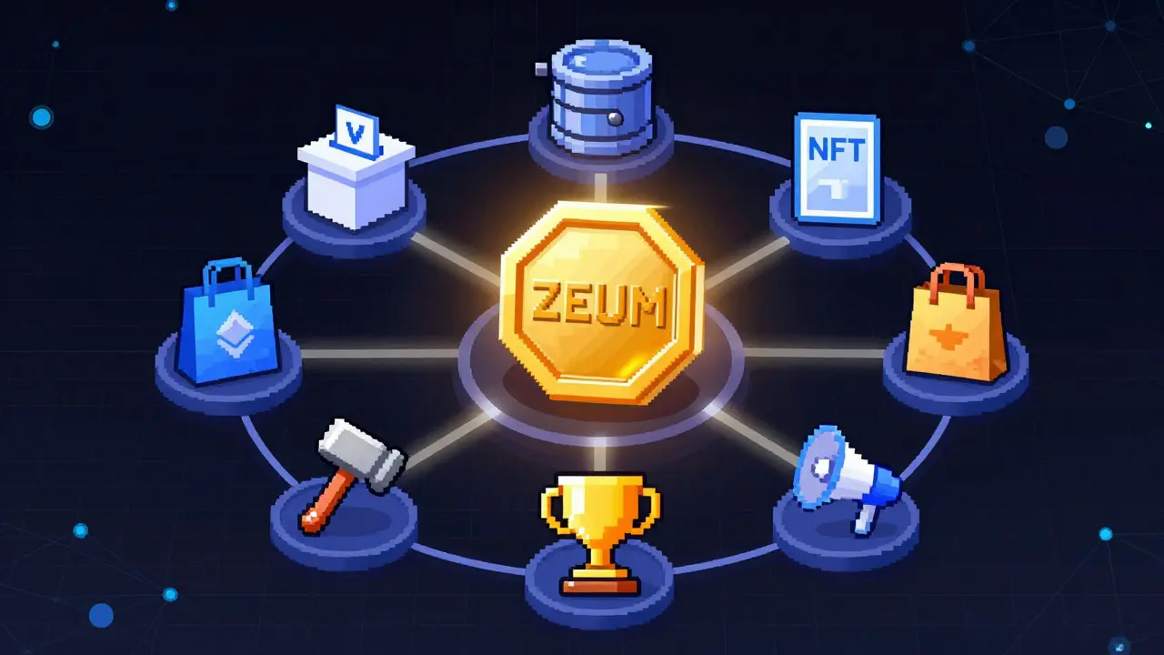 Pixel art showing ZEUM token connected to seven utility icons