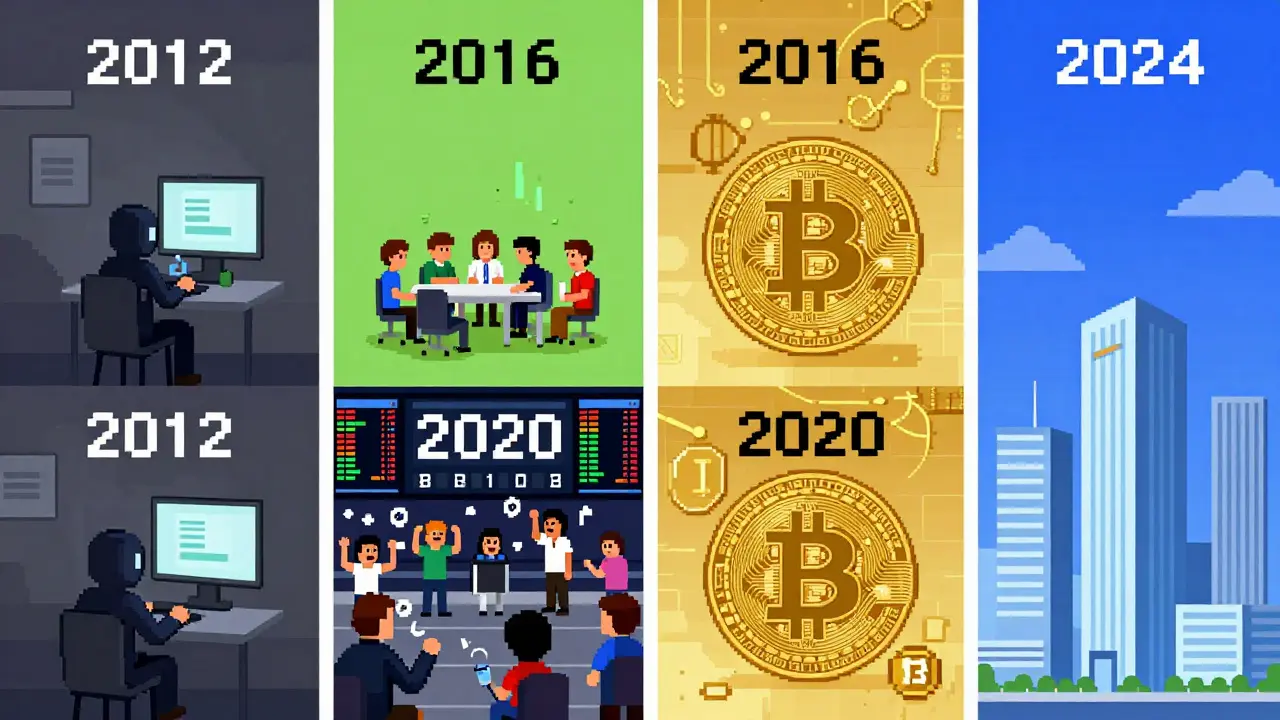 Pixel art timeline showing Bitcoin's growth from niche to mainstream