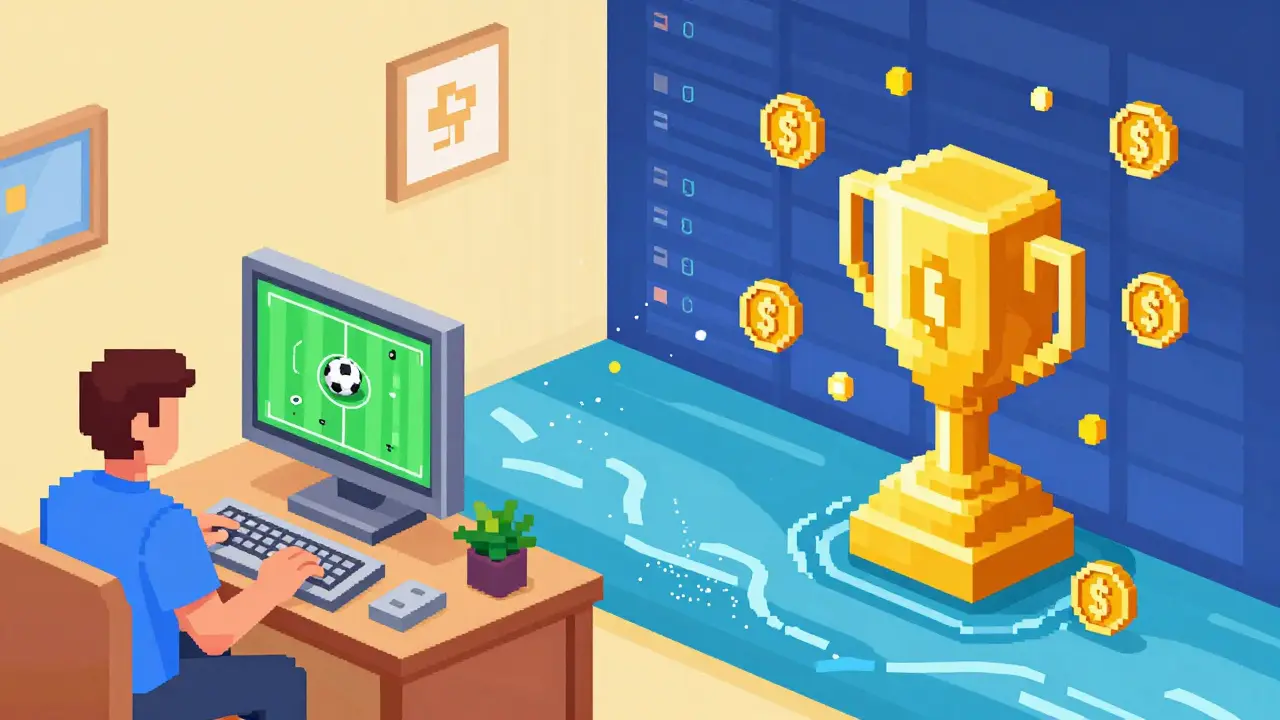 Pixel art visualization linking football gameplay to blockchain rewards and tokens