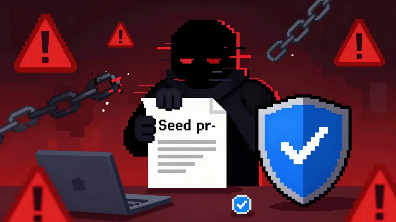 Pixel art warning against crypto scams with shields protecting seed phrases