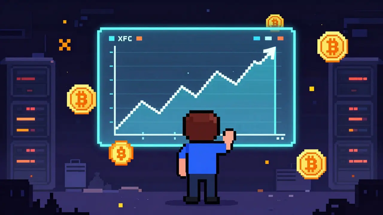 Retro pixel art trader analyzing volatile XFC crypto charts in a digital void