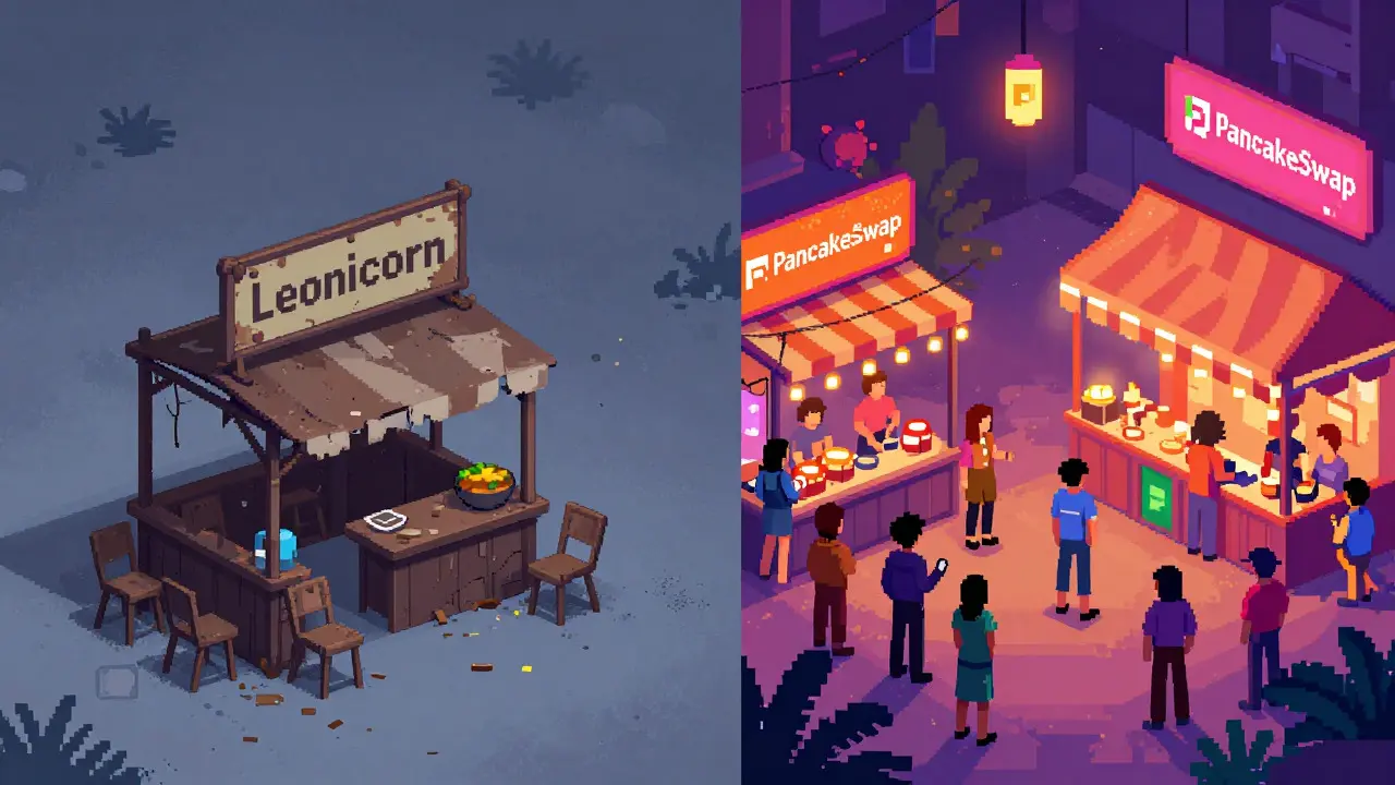 Abandoned Leonicorn booth vs vibrant PancakeSwap market in pixel art