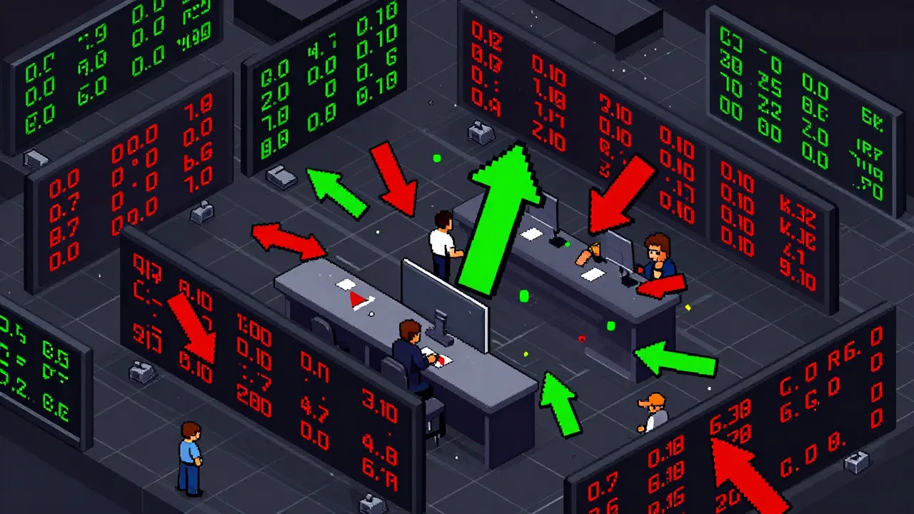 Chaotic pixel art trading screens showing conflicting prices