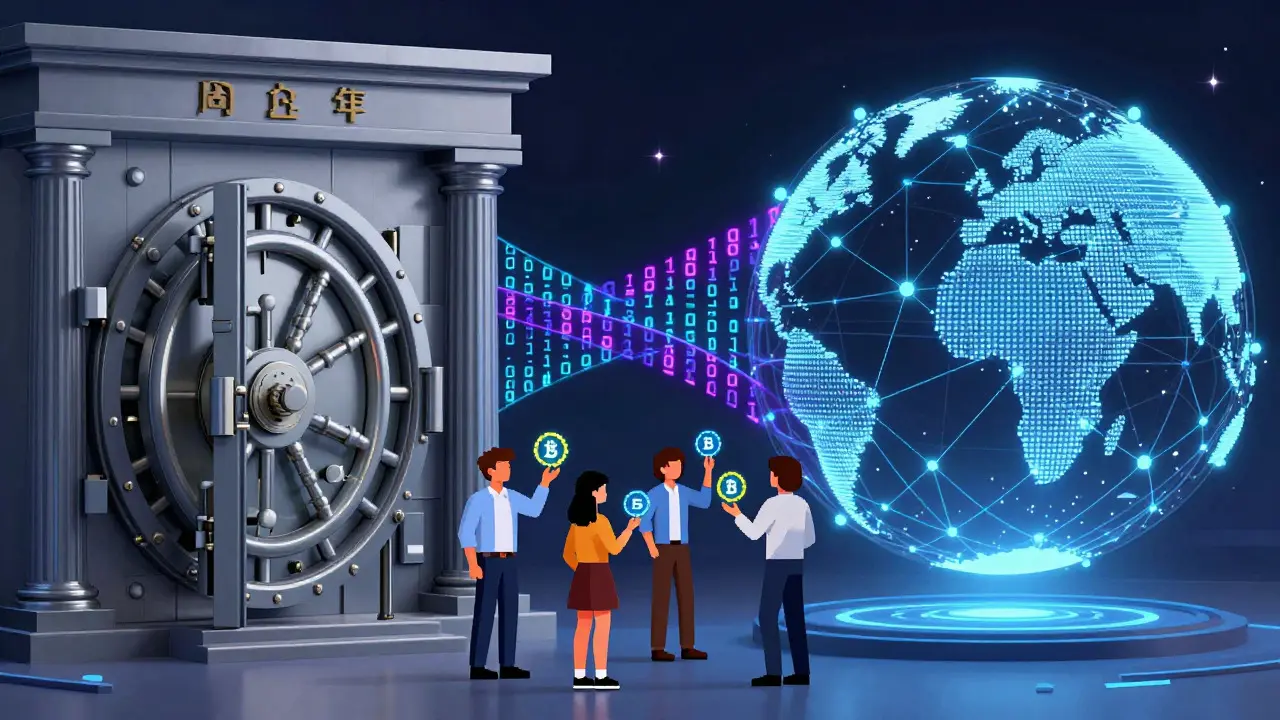 Digital bridge connecting a bank vault to a global crypto network