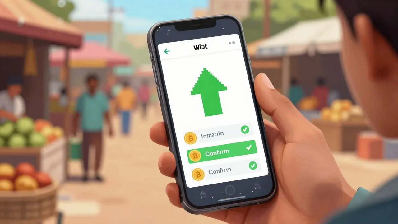 Hands holding a smartphone showing a crypto wallet app in a market