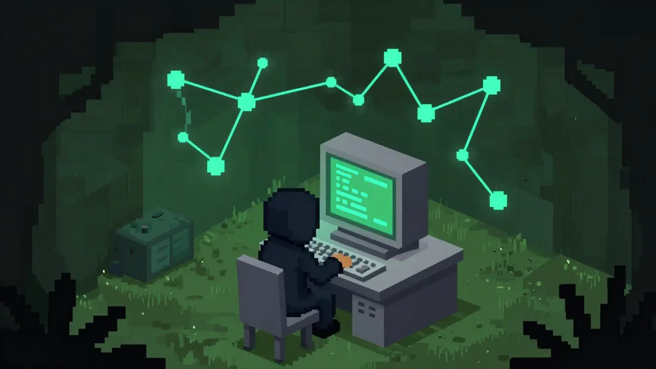 Isometric pixel art of anonymous trader accessing hidden crypto networks.