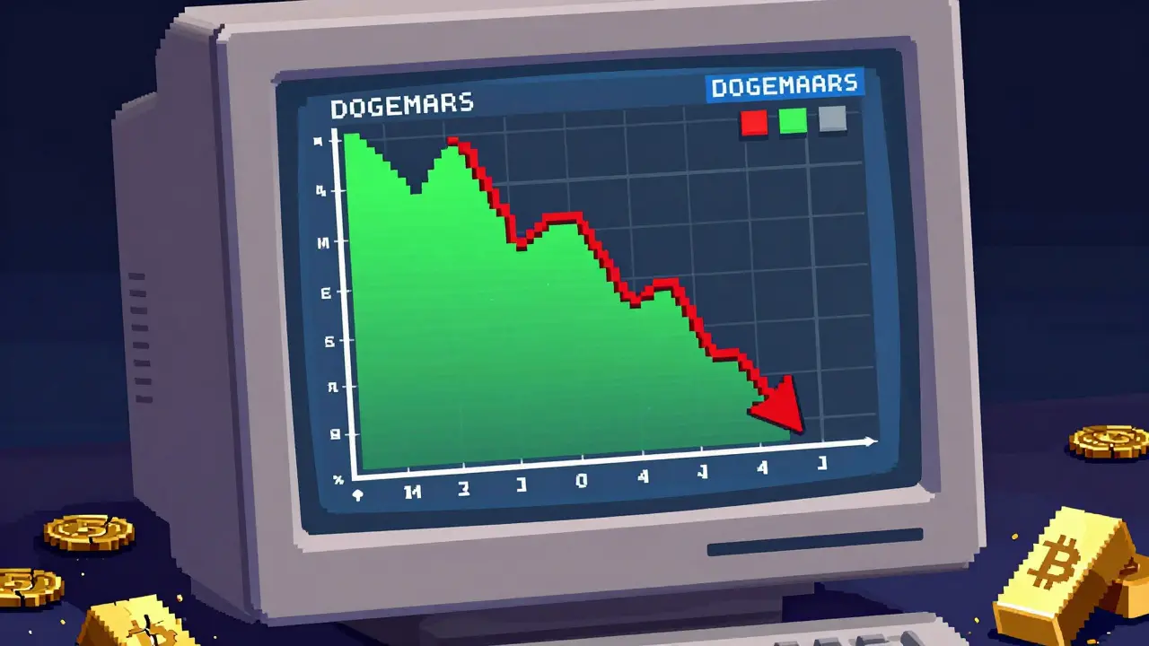 Pixel art chart showing crypto price crashing on a retro monitor