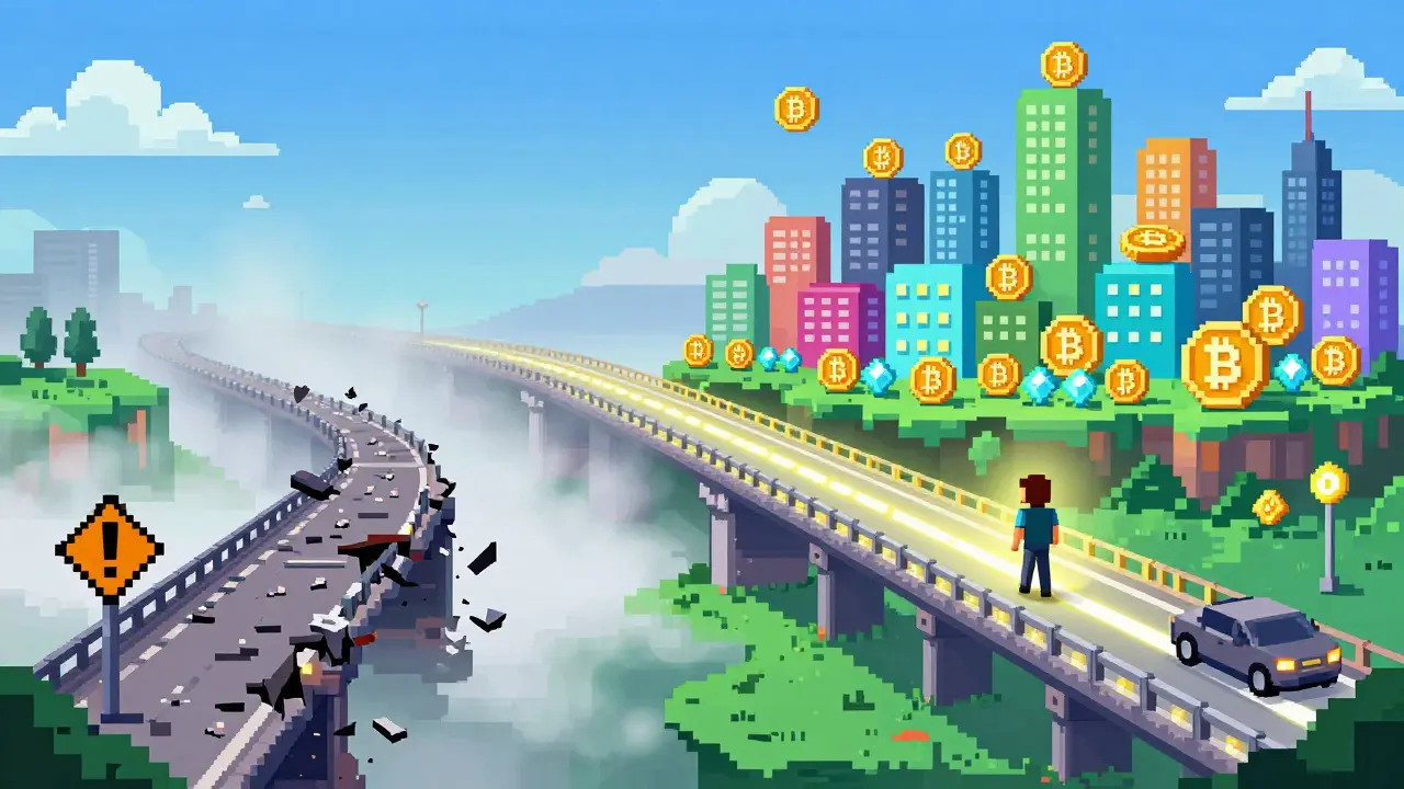 Pixel art comparing a dangerous bridge to a safe, vibrant trading city