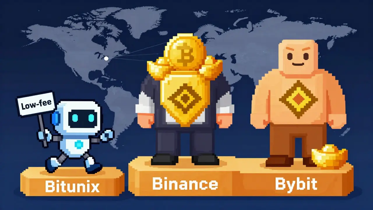 Pixel art comparing a new exchange to established crypto giants