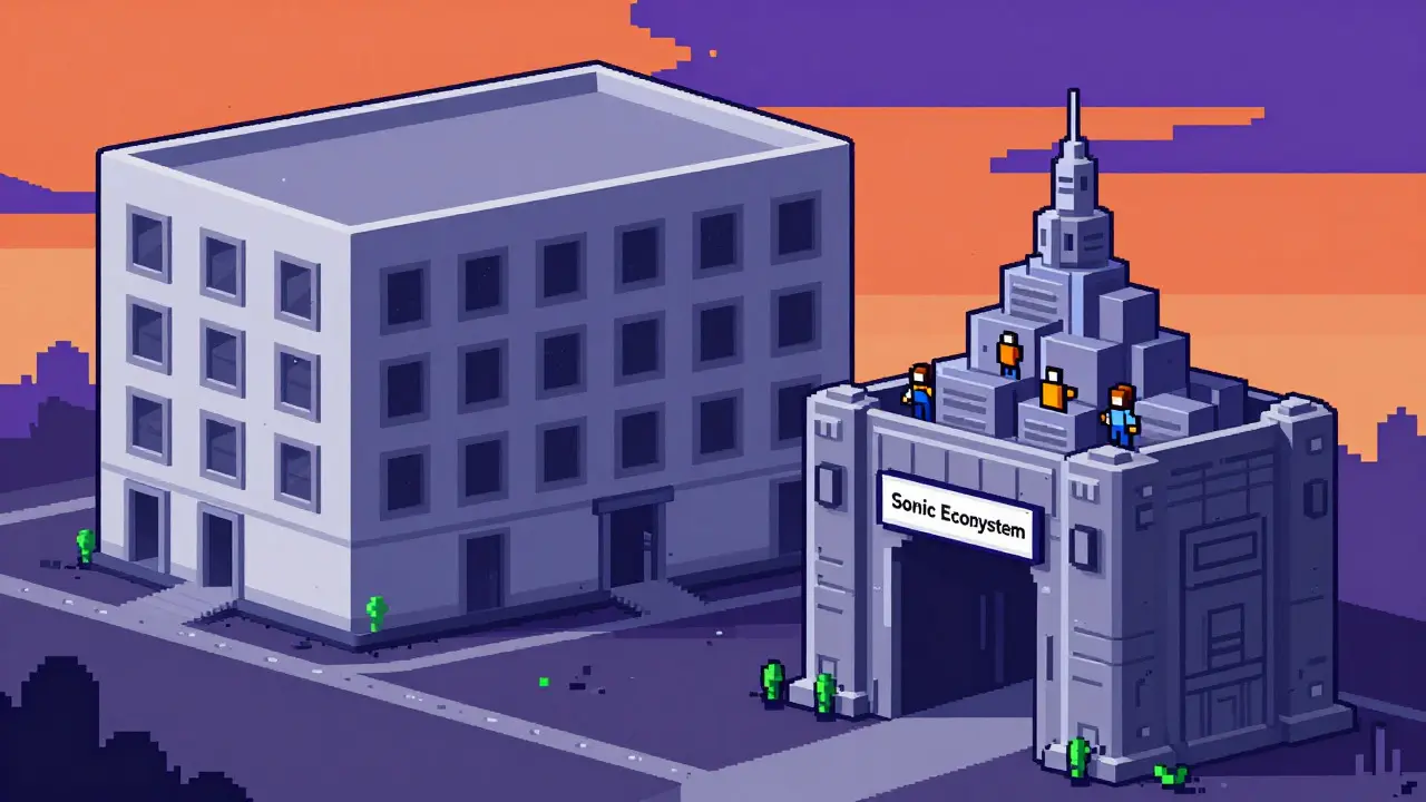 Pixel art comparing general exchanges to specialized Sonic staking fortress