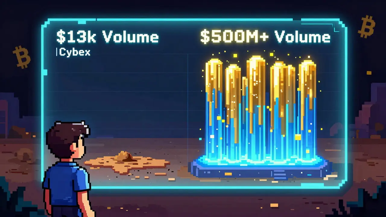 Pixel art comparing low liquidity of dead exchange vs high volume leaders