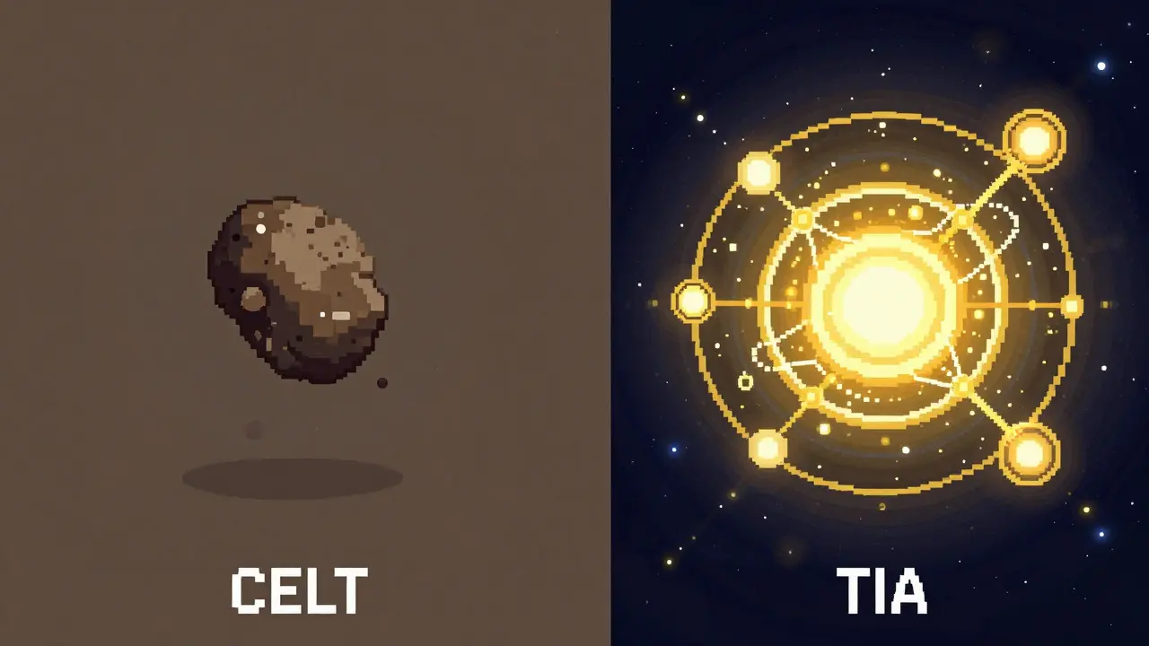 Pixel art comparing small dim CELT asteroid vs bright large TIA star system