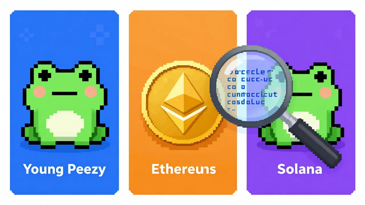 Pixel art comparison of different PEEZY tokens on various blockchains