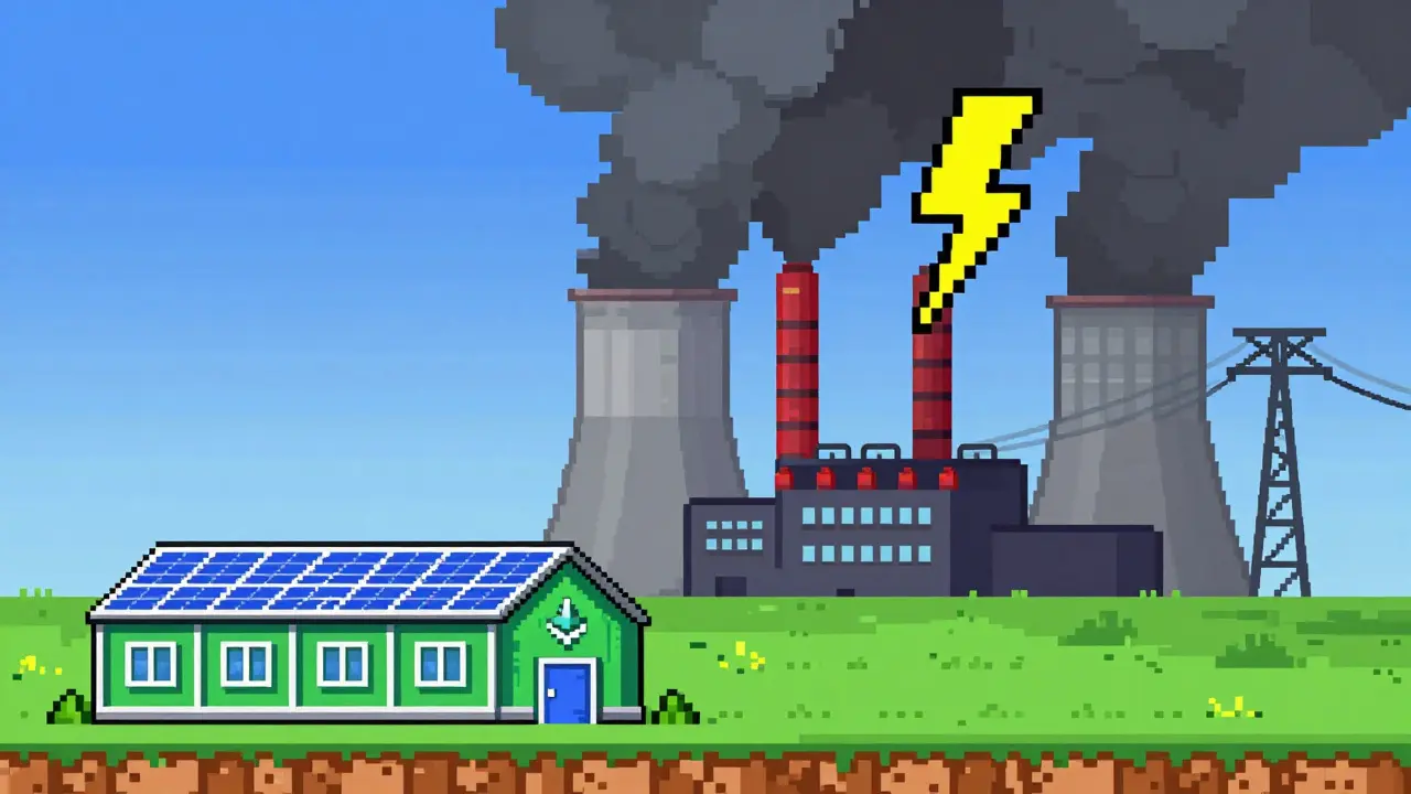 Pixel art contrasting smoky power plants with clean solar homes