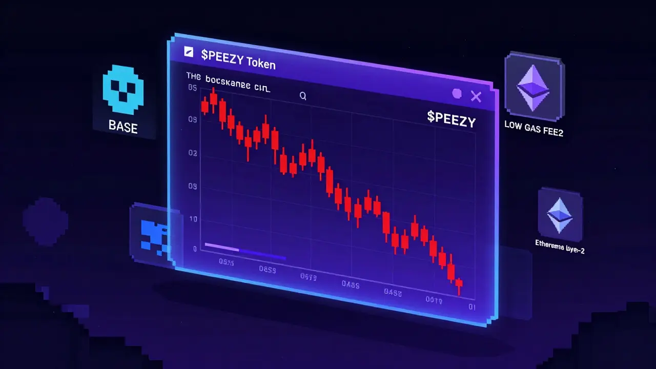 Pixel art crypto chart showing volatile PEEZY price drop on Base