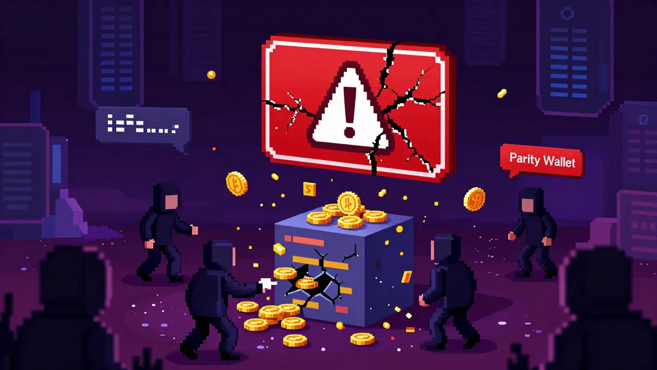 Pixel art depicting a hacked wallet with corrupted code and stolen funds
