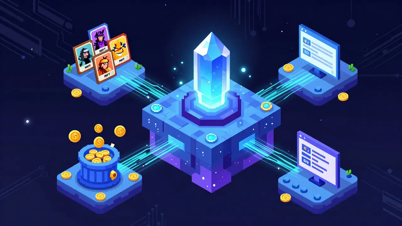 Pixel art diagram of MagicCraft game economy and NFT assets